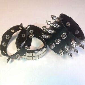 3 pcs Punk Gothic studded faux leather bracelet - black and silver